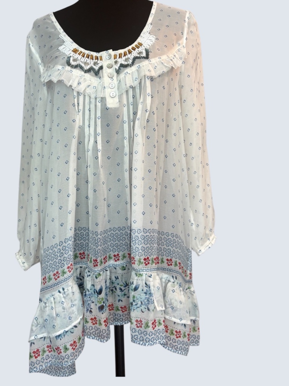 Sundance x Johnny Was Bohemian Flowy Silk Chiffon Beaded Ruffle Tunic NWOT SZ M